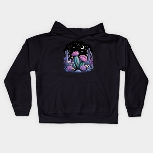 Cactus with Beautiful Flowers Starry Night Moon and Stars Kids Hoodie